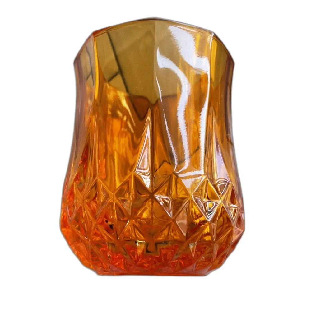 Vintage Diamond Point Faceted Shot Glasses Votive Cups Orange Black Set of 2 MCM